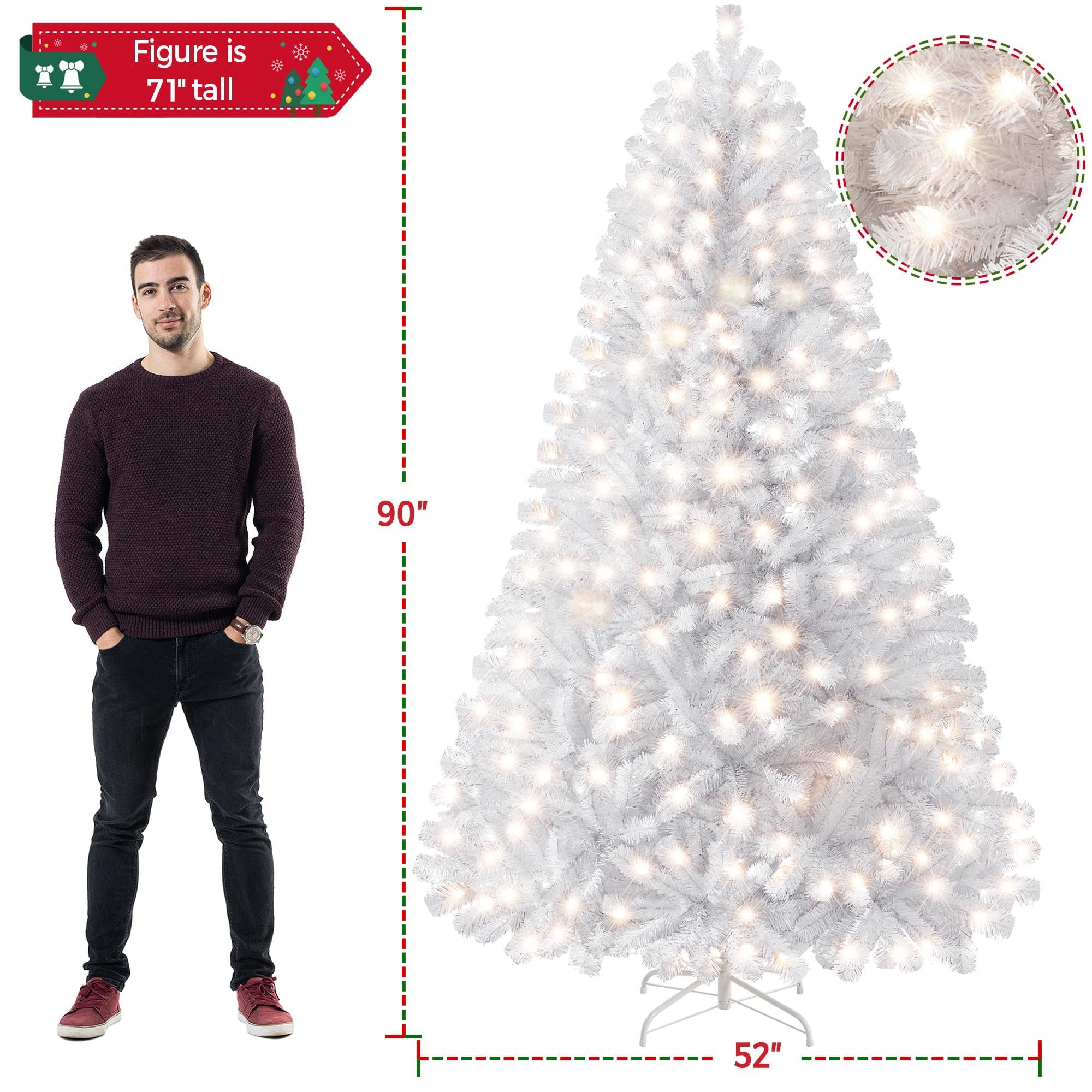 Yaheetech 7.5ft Pre-lit Spruce Artificial Hinged Christmas Pine Tree Prelighted Holiday Xmas Tree for Home Party Decoration with